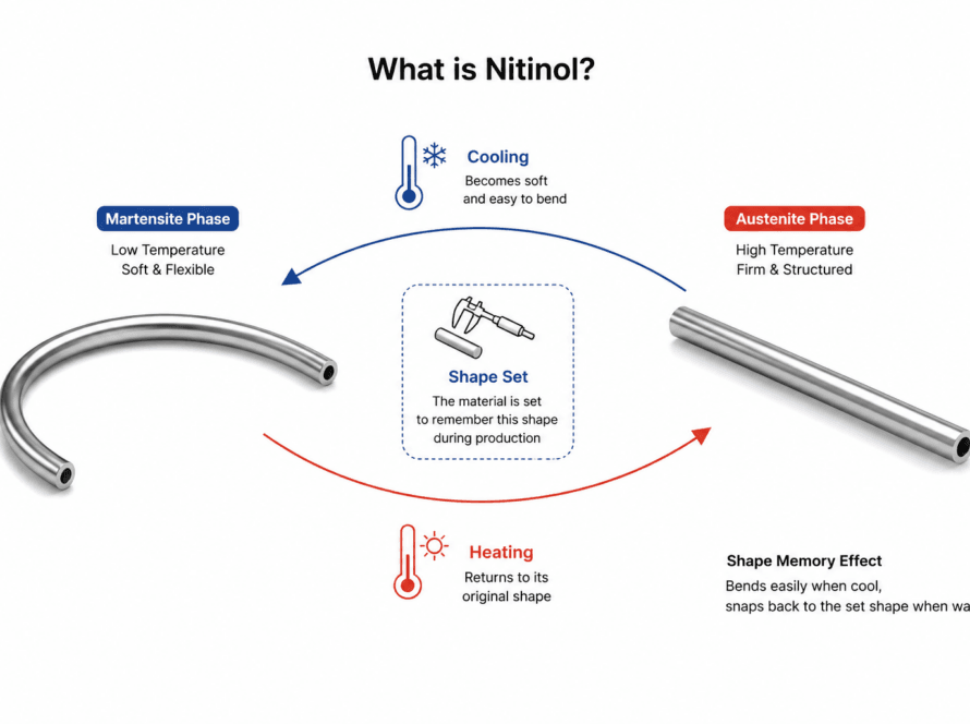 Nitinol naturally switches between two phases: Martensite, which is soft and flexible at lower temperatures, and Austenite, which becomes firm and structured when heated. By setting its shape during production, we allow the material to “remember” that form. When cooled, it bends easily. When warmed again, it snaps back—this is the remarkable Shape Memory Effect.