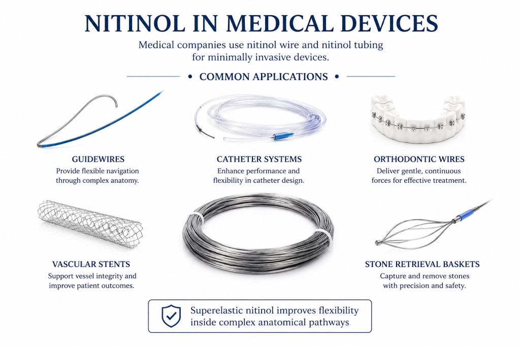 Superelastic nitinol improves flexibility inside complex anatomical pathways.