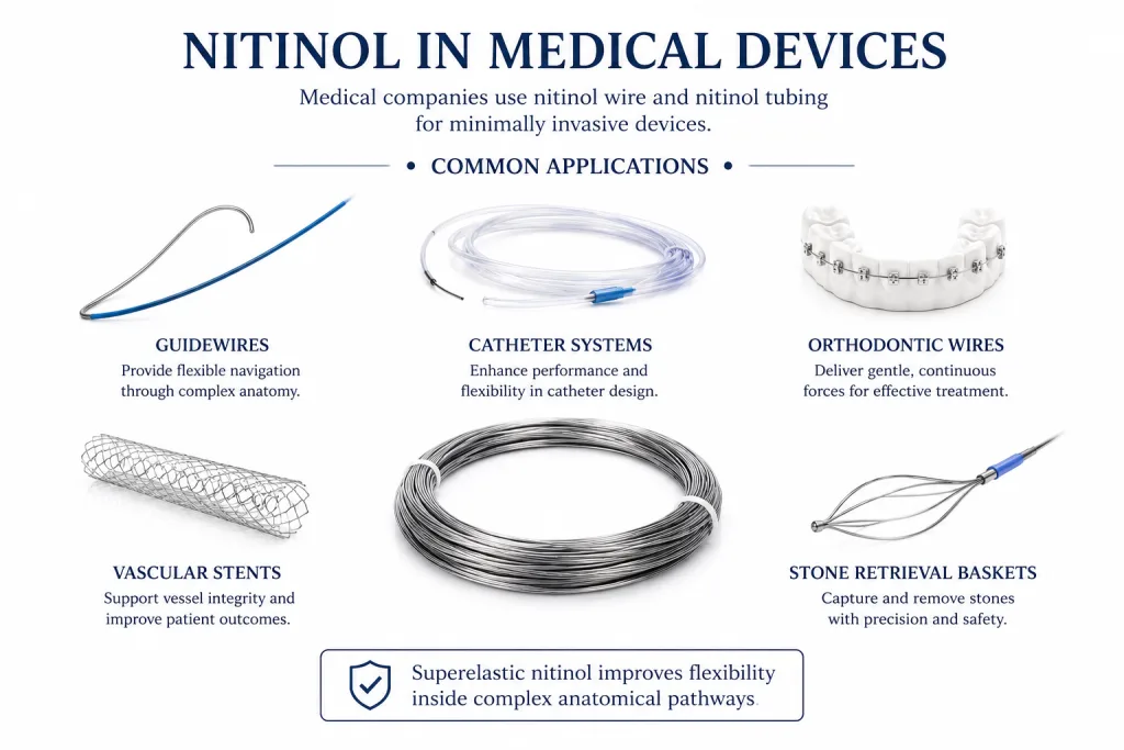 Superelastic nitinol improves flexibility inside complex anatomical pathways.